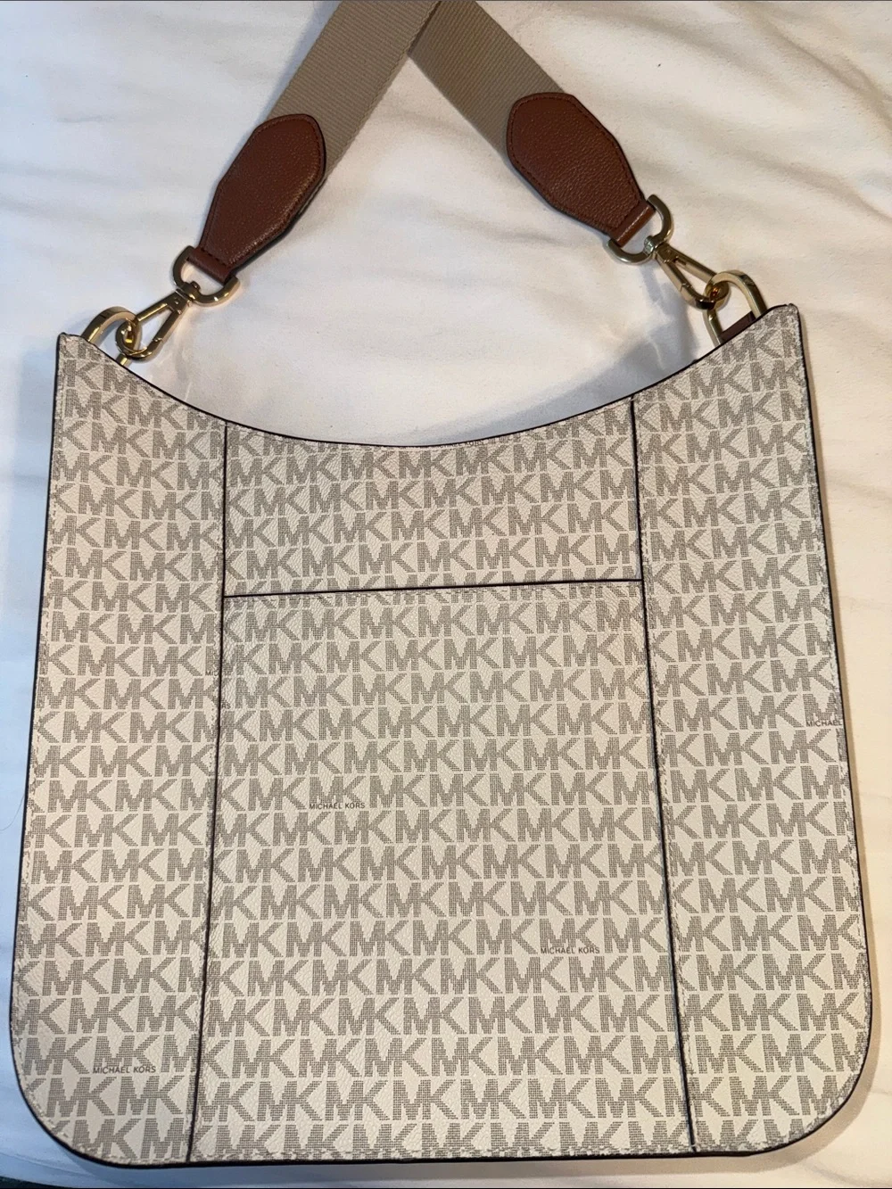 Michael Kors Cream and Brown MK Logo Crossbody Bag with Adjustable Strap